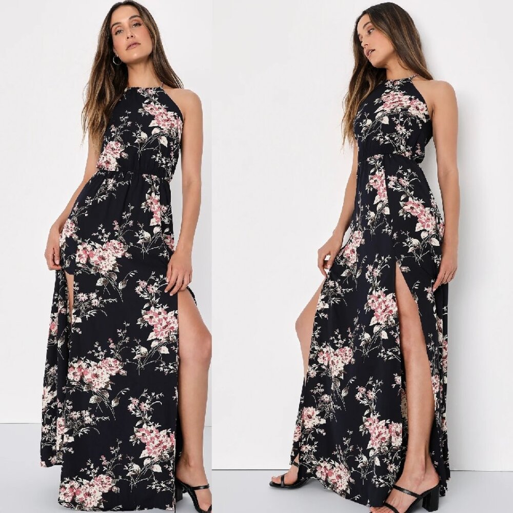 NWOT Lulus Feel the Music Midnight Blue Floral Print Maxi Dress